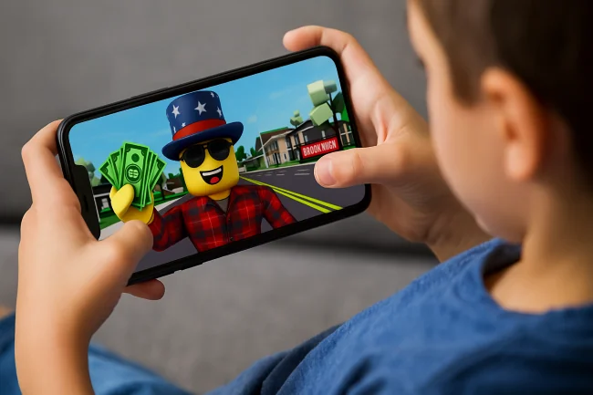 A person playing Roblox on a computer, with Robux symbols floating around the screen