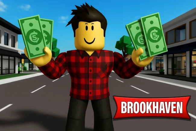 A person holding a smartphone displaying the Roblox logo and virtual Robux currency